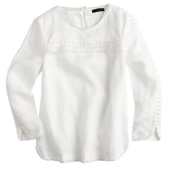 J.Crew White Linen Pom Pom Tassel Long Sleeve Top SZ 0 - Picture 1 of 12